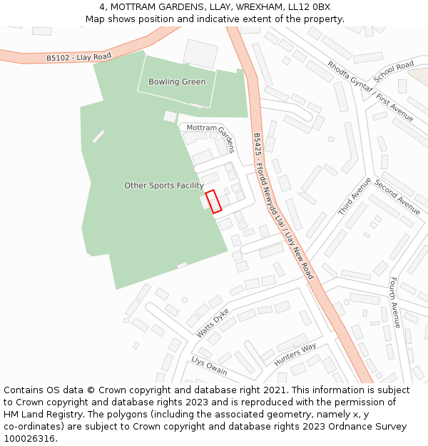4, MOTTRAM GARDENS, LLAY, WREXHAM, LL12 0BX: Location map and indicative extent of plot