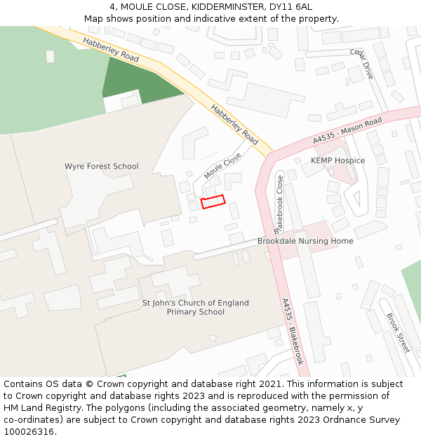 4, MOULE CLOSE, KIDDERMINSTER, DY11 6AL: Location map and indicative extent of plot