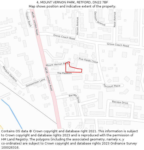 4, MOUNT VERNON PARK, RETFORD, DN22 7BF: Location map and indicative extent of plot