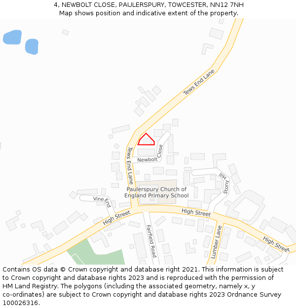 4, NEWBOLT CLOSE, PAULERSPURY, TOWCESTER, NN12 7NH: Location map and indicative extent of plot