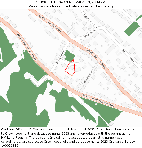 4, NORTH HILL GARDENS, MALVERN, WR14 4PT: Location map and indicative extent of plot
