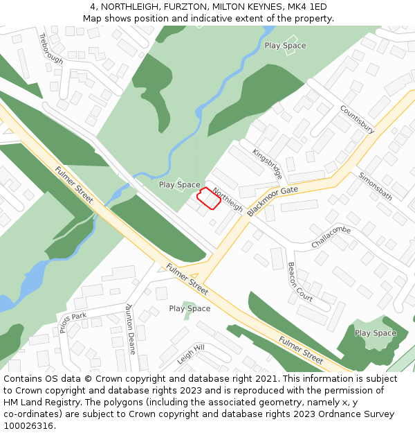4, NORTHLEIGH, FURZTON, MILTON KEYNES, MK4 1ED: Location map and indicative extent of plot
