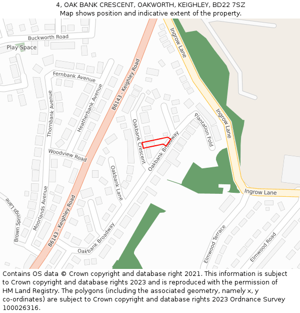 4, OAK BANK CRESCENT, OAKWORTH, KEIGHLEY, BD22 7SZ: Location map and indicative extent of plot