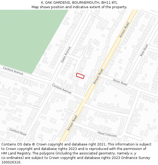 4, OAK GARDENS, BOURNEMOUTH, BH11 8TL: Location map and indicative extent of plot