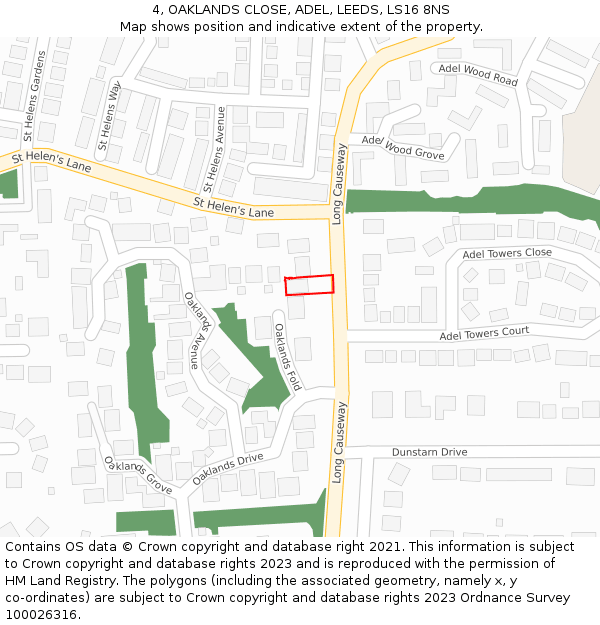 4, OAKLANDS CLOSE, ADEL, LEEDS, LS16 8NS: Location map and indicative extent of plot