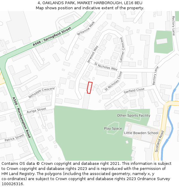 4, OAKLANDS PARK, MARKET HARBOROUGH, LE16 8EU: Location map and indicative extent of plot