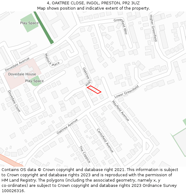 4, OAKTREE CLOSE, INGOL, PRESTON, PR2 3UZ: Location map and indicative extent of plot