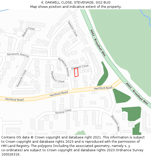4, OAKWELL CLOSE, STEVENAGE, SG2 8UG: Location map and indicative extent of plot