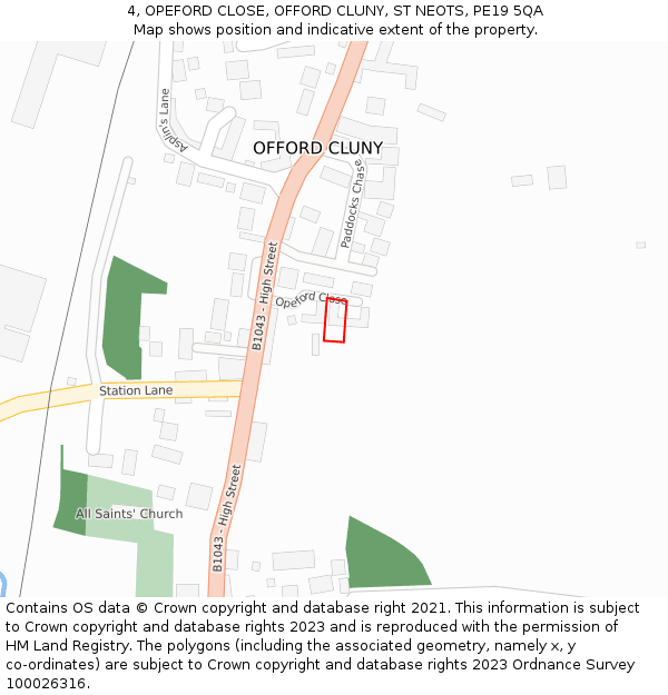 4, OPEFORD CLOSE, OFFORD CLUNY, ST NEOTS, PE19 5QA: Location map and indicative extent of plot