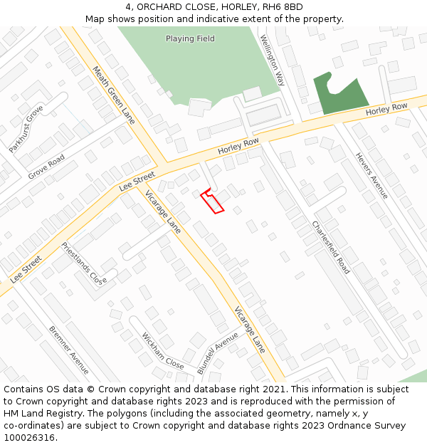 4, ORCHARD CLOSE, HORLEY, RH6 8BD: Location map and indicative extent of plot