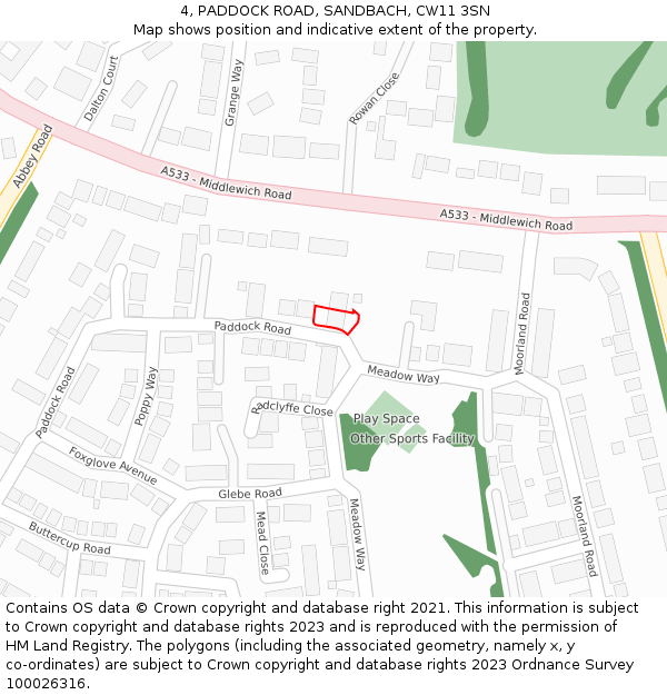 4, PADDOCK ROAD, SANDBACH, CW11 3SN: Location map and indicative extent of plot