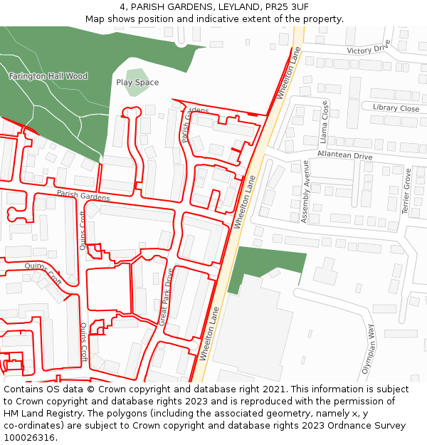 4, PARISH GARDENS, LEYLAND, PR25 3UF: Location map and indicative extent of plot
