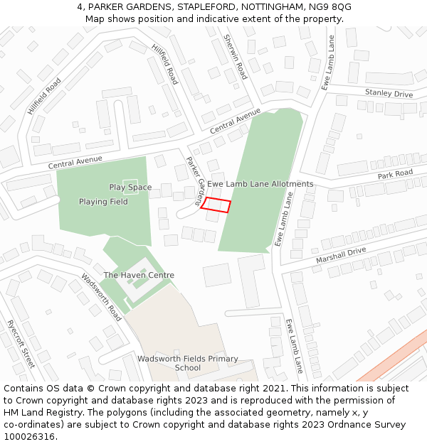 4, PARKER GARDENS, STAPLEFORD, NOTTINGHAM, NG9 8QG: Location map and indicative extent of plot