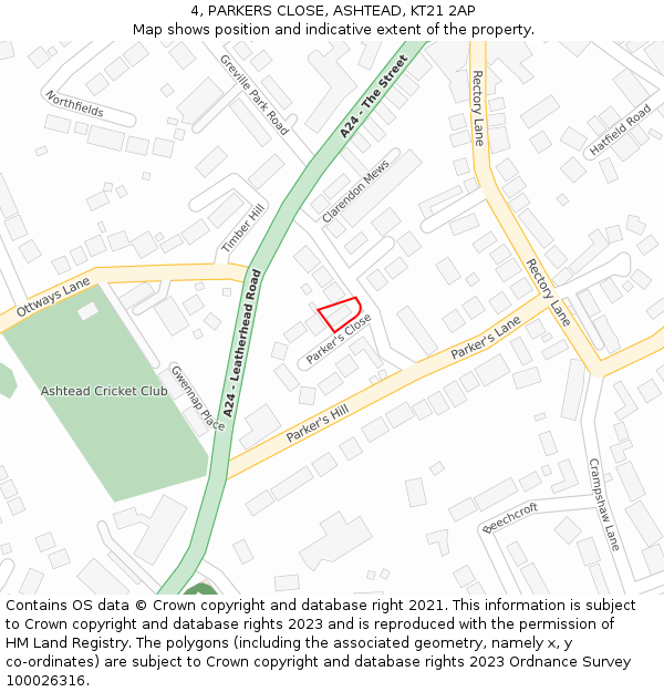 4, PARKERS CLOSE, ASHTEAD, KT21 2AP: Location map and indicative extent of plot