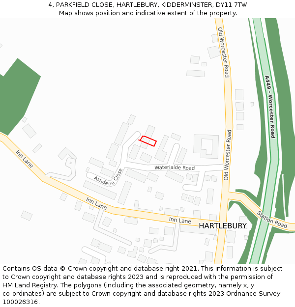 4, PARKFIELD CLOSE, HARTLEBURY, KIDDERMINSTER, DY11 7TW: Location map and indicative extent of plot