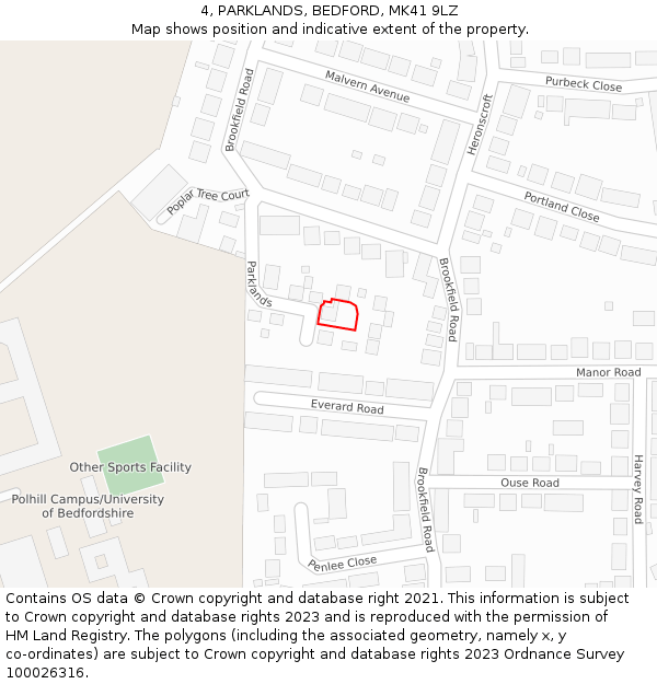 4, PARKLANDS, BEDFORD, MK41 9LZ: Location map and indicative extent of plot