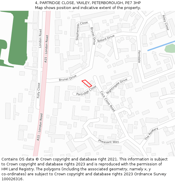 4, PARTRIDGE CLOSE, YAXLEY, PETERBOROUGH, PE7 3HP: Location map and indicative extent of plot