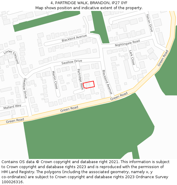 4, PARTRIDGE WALK, BRANDON, IP27 0YF: Location map and indicative extent of plot
