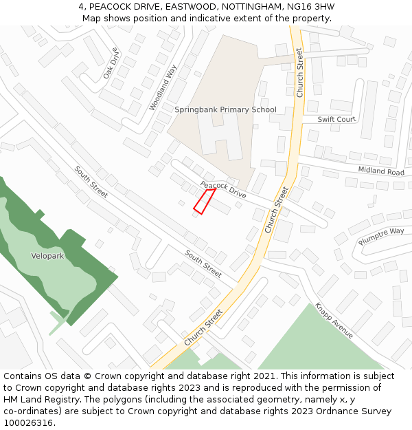 4, PEACOCK DRIVE, EASTWOOD, NOTTINGHAM, NG16 3HW: Location map and indicative extent of plot