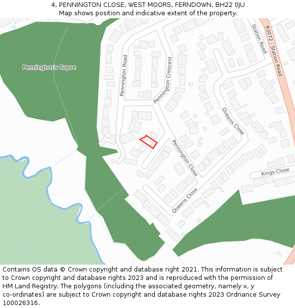4, PENNINGTON CLOSE, WEST MOORS, FERNDOWN, BH22 0JU: Location map and indicative extent of plot