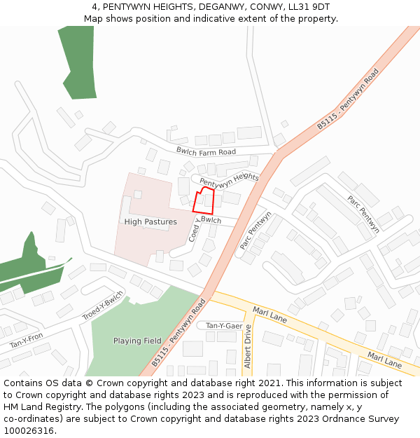 4, PENTYWYN HEIGHTS, DEGANWY, CONWY, LL31 9DT: Location map and indicative extent of plot