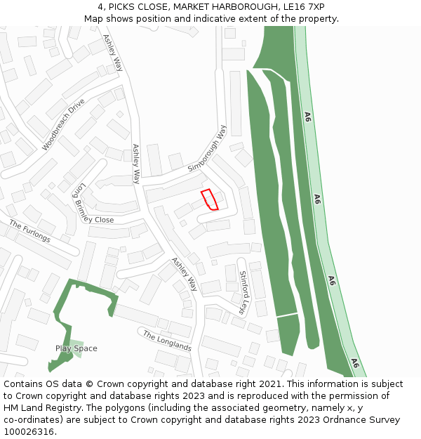 4, PICKS CLOSE, MARKET HARBOROUGH, LE16 7XP: Location map and indicative extent of plot