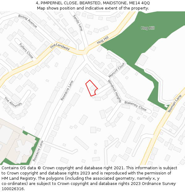 4, PIMPERNEL CLOSE, BEARSTED, MAIDSTONE, ME14 4QQ: Location map and indicative extent of plot