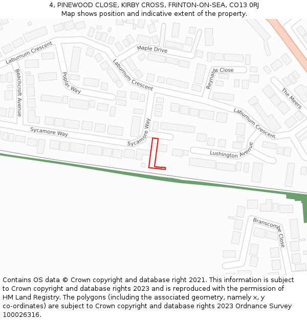 4, PINEWOOD CLOSE, KIRBY CROSS, FRINTON-ON-SEA, CO13 0RJ: Location map and indicative extent of plot
