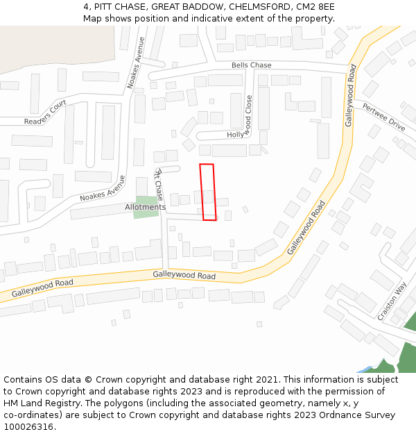 4, PITT CHASE, GREAT BADDOW, CHELMSFORD, CM2 8EE: Location map and indicative extent of plot