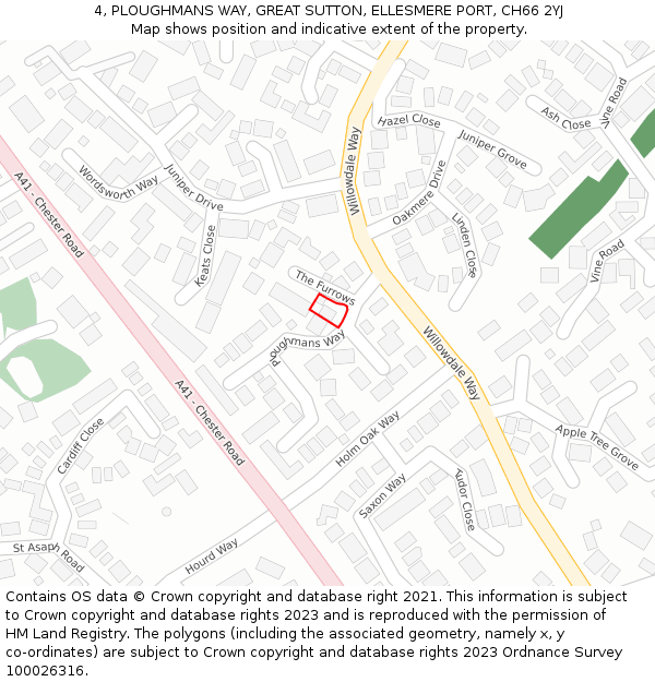 4, PLOUGHMANS WAY, GREAT SUTTON, ELLESMERE PORT, CH66 2YJ: Location map and indicative extent of plot