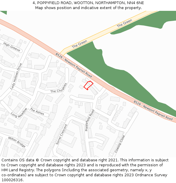 4, POPPYFIELD ROAD, WOOTTON, NORTHAMPTON, NN4 6NE: Location map and indicative extent of plot
