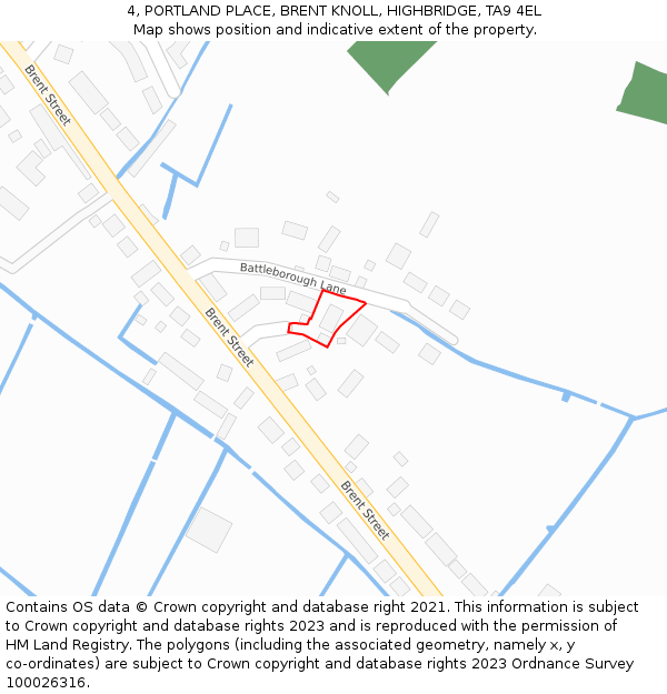 4, PORTLAND PLACE, BRENT KNOLL, HIGHBRIDGE, TA9 4EL: Location map and indicative extent of plot