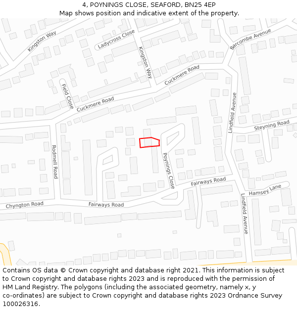 4, POYNINGS CLOSE, SEAFORD, BN25 4EP: Location map and indicative extent of plot