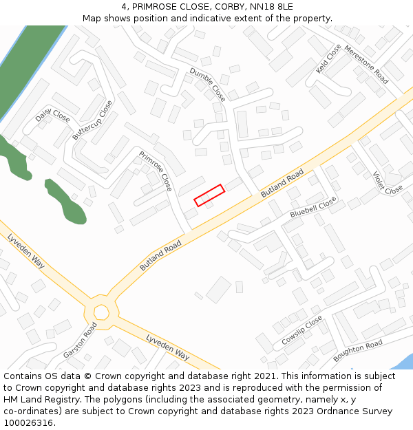 4, PRIMROSE CLOSE, CORBY, NN18 8LE: Location map and indicative extent of plot