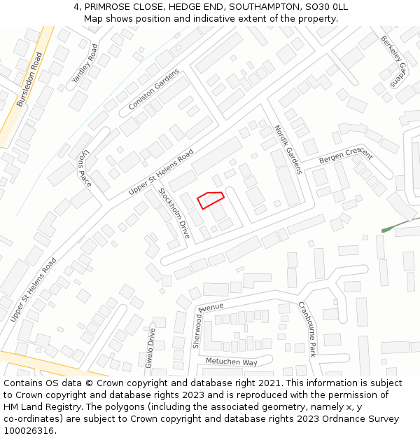 4, PRIMROSE CLOSE, HEDGE END, SOUTHAMPTON, SO30 0LL: Location map and indicative extent of plot