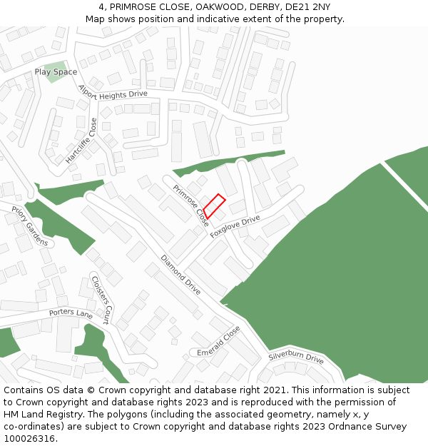 4, PRIMROSE CLOSE, OAKWOOD, DERBY, DE21 2NY: Location map and indicative extent of plot