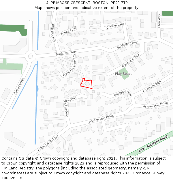 4, PRIMROSE CRESCENT, BOSTON, PE21 7TP: Location map and indicative extent of plot