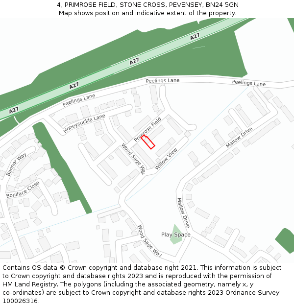 4, PRIMROSE FIELD, STONE CROSS, PEVENSEY, BN24 5GN: Location map and indicative extent of plot
