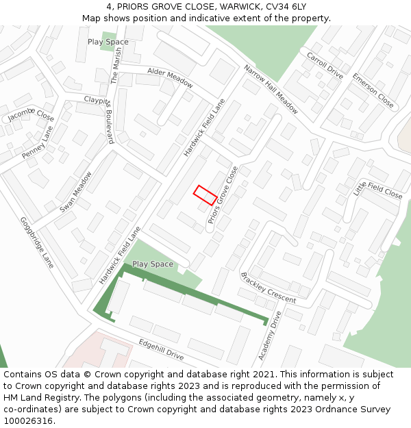 4, PRIORS GROVE CLOSE, WARWICK, CV34 6LY: Location map and indicative extent of plot