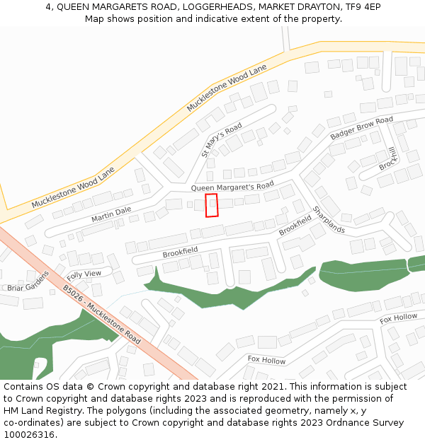 4, QUEEN MARGARETS ROAD, LOGGERHEADS, MARKET DRAYTON, TF9 4EP: Location map and indicative extent of plot