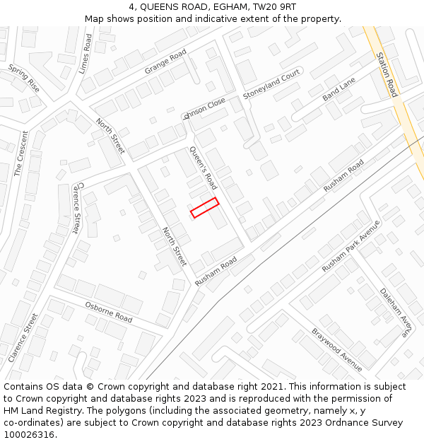 4, QUEENS ROAD, EGHAM, TW20 9RT: Location map and indicative extent of plot