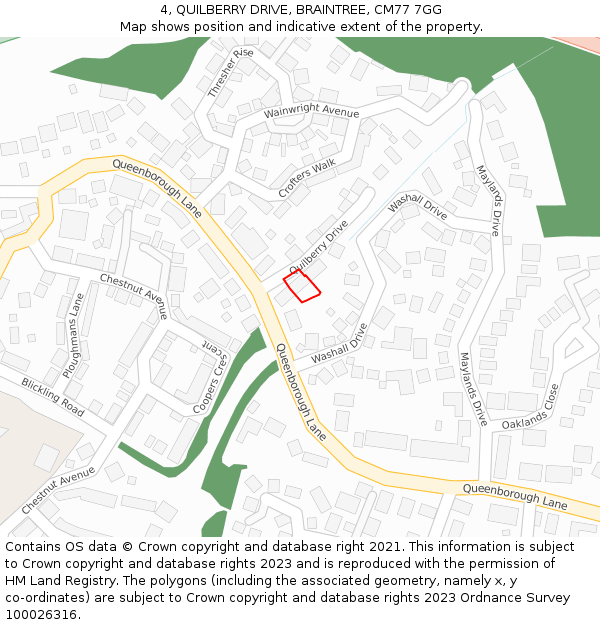 4, QUILBERRY DRIVE, BRAINTREE, CM77 7GG: Location map and indicative extent of plot