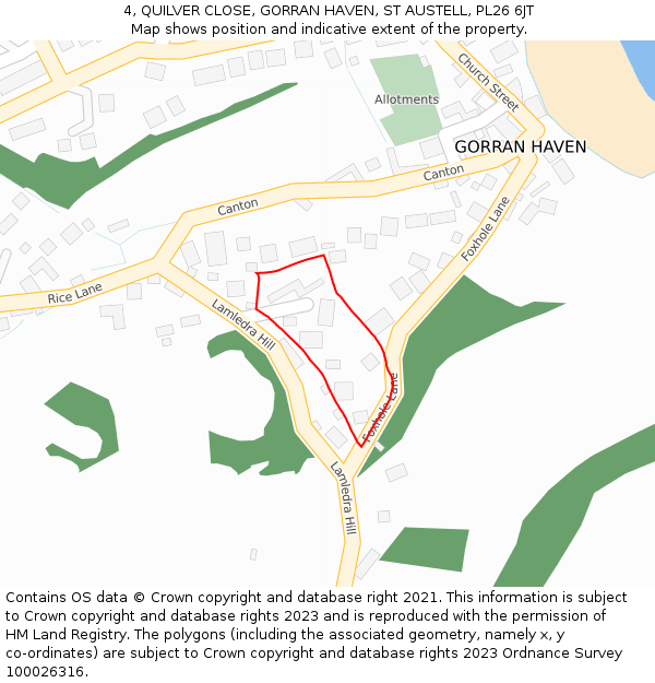 4, QUILVER CLOSE, GORRAN HAVEN, ST AUSTELL, PL26 6JT: Location map and indicative extent of plot