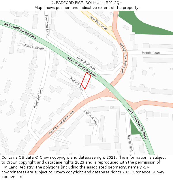 4, RADFORD RISE, SOLIHULL, B91 2QH: Location map and indicative extent of plot