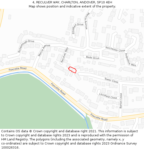 4, RECULVER WAY, CHARLTON, ANDOVER, SP10 4EH: Location map and indicative extent of plot