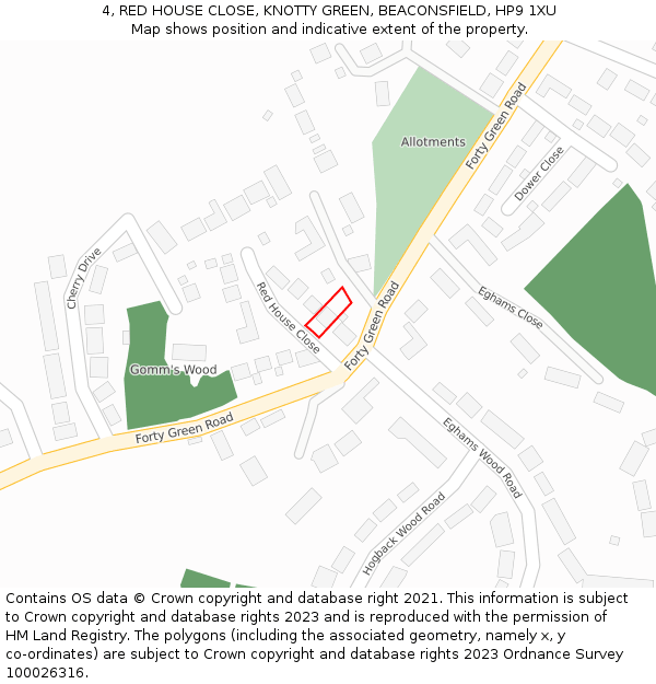 4, RED HOUSE CLOSE, KNOTTY GREEN, BEACONSFIELD, HP9 1XU: Location map and indicative extent of plot