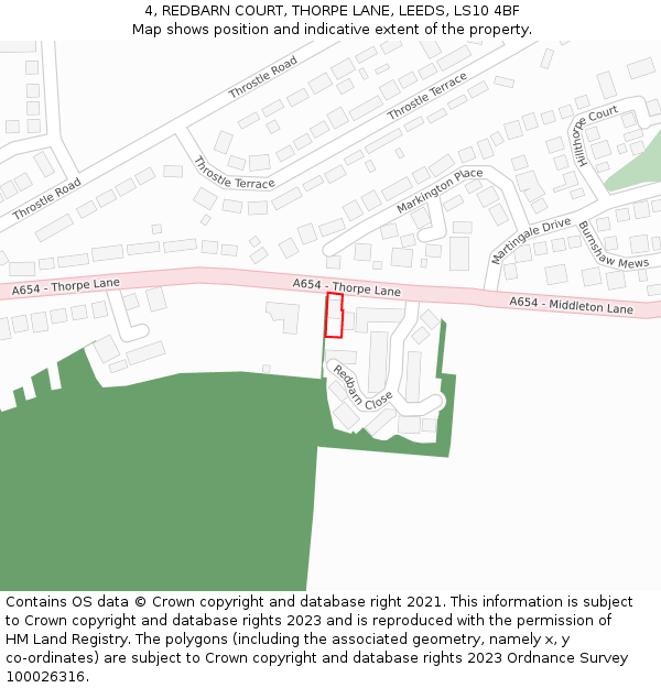 4, REDBARN COURT, THORPE LANE, LEEDS, LS10 4BF: Location map and indicative extent of plot