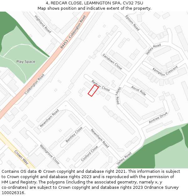 4, REDCAR CLOSE, LEAMINGTON SPA, CV32 7SU: Location map and indicative extent of plot