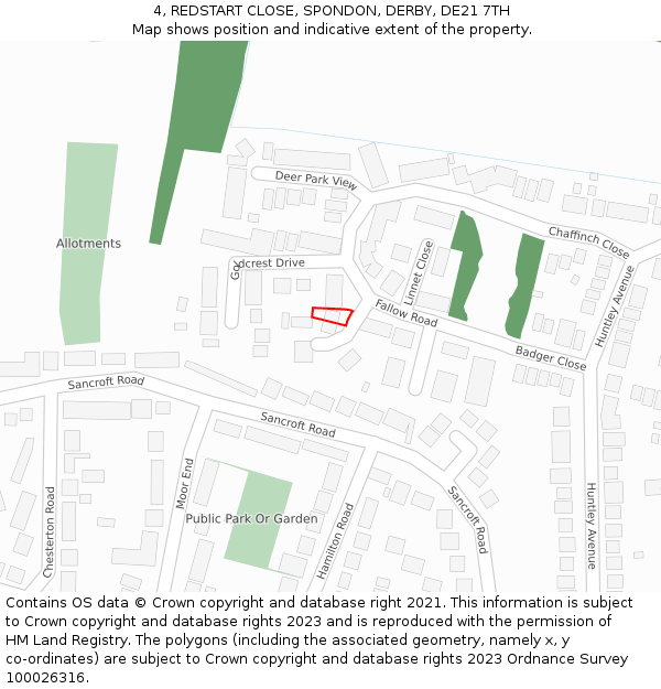 4, REDSTART CLOSE, SPONDON, DERBY, DE21 7TH: Location map and indicative extent of plot