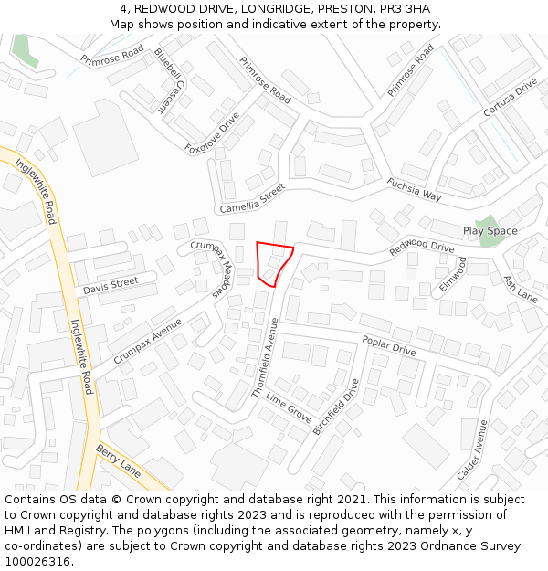 4, REDWOOD DRIVE, LONGRIDGE, PRESTON, PR3 3HA: Location map and indicative extent of plot